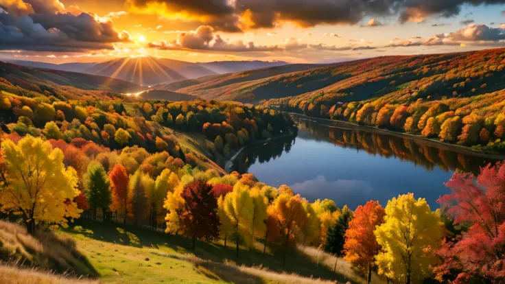 cloudy sky at autumn, detailed autumn landscape, rolling hills, colorful fall foliage, overcast sky, warm golden sunlight, dramatic clouds, vibrant orange and red trees, fallen leaves on ground, serene pond reflection, professional landscape photography, photorealistic, 8K, HDR, physically-based rendering, sharp focus,vivid colors