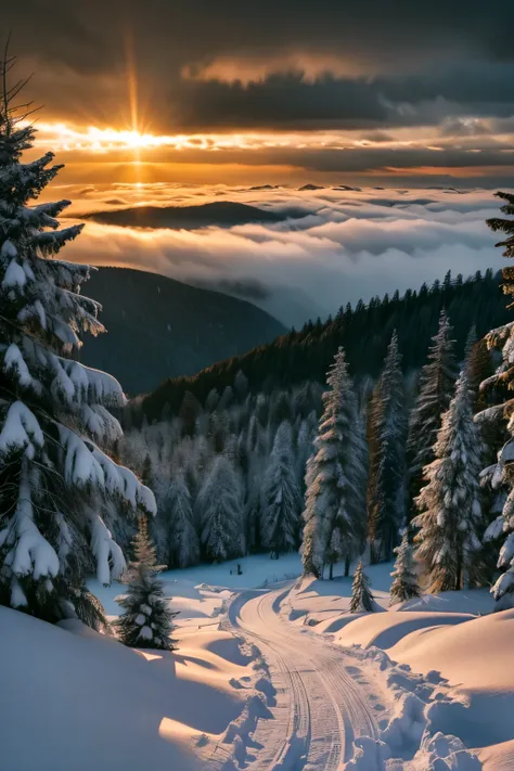 a dramatic winter landscape, a cloudy sky at sunset, a forest with fog, twilight atmosphere, cinematic lighting, melancholic mood, highly detailed digital art, vivid colors, masterpiece
