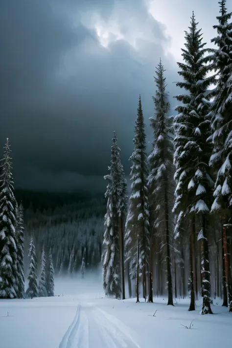 a dramatic winter landscape, a cloudy sky at sunset, a forest with fog, twilight atmosphere, cinematic lighting, melancholic mood, highly detailed digital art, vivid colors, masterpiece