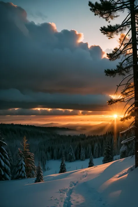 a dramatic winter landscape, a cloudy sky at sunset, a forest with fog, twilight atmosphere, cinematic lighting, melancholic mood, highly detailed digital art, vivid colors, masterpiece