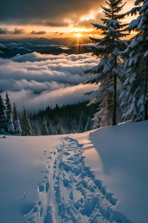 a dramatic winter landscape, a cloudy sky at sunset, a forest with fog, twilight atmosphere, cinematic lighting, melancholic mood, highly detailed digital art, vivid colors, masterpiece