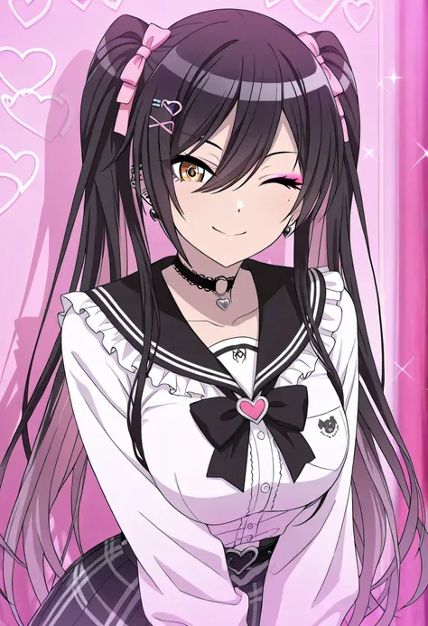(masterpiece),(best quality),(ultra-detailed),(best illustration),(best shadow),(absurdres),(detailed background),(very aesthetic),Shirase Sakuya, anime screencap, very long hair, black hair, twintails, bangs, hair between eyes, yellow eyes, large breasts,...