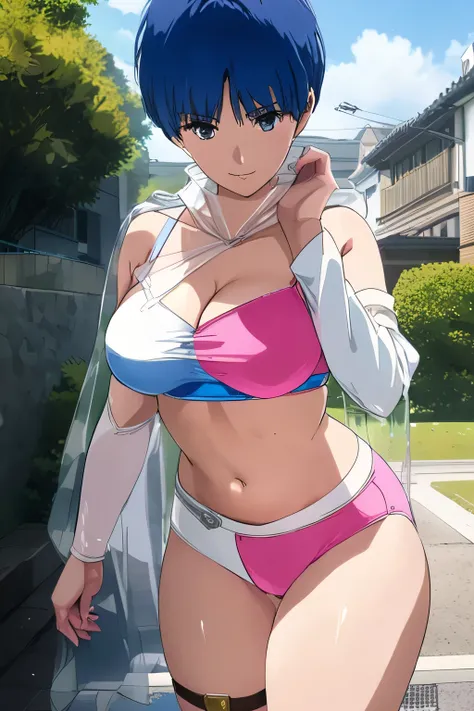 ((large breasts:1.59)),((thick thighs:1.59)),slim body ,curvy,inverted triangle face,short boyish hair,((bob boyish cut)),40years old mature, outdoor, heroine costume sexy action pose,AOI YUME Masakazu Katsura drowning,((1mature:1.2 )),((blue very short bo...