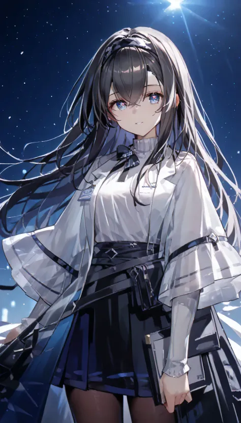 mrfz(prss),solo,long hair,black hair,hair between eyes,headband,pantyhose,skirt,black pantyhose,shirt,diamond pupil,, score_9,score_8_up,score_7_up,source_anime,high res image,masterpiece,best quality(masterpiece:1.2),best quality,extremely detailed face,p...