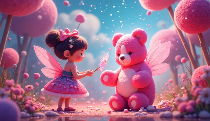 Imagine a whimsical fairy painting a graffiti mural on a giant gummy bear in a candyland forest, her canvas illuminated by the sugary glow of candy stars and marshmallow clouds. She uses frosting and melted chocolate to create dynamic fluid shapes and vibr...