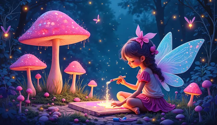 A whimsical fairy tends to a garden of giant, bioluminescent mushrooms, her canvas illuminated by the soft glow of fireflies and strange, alien plants. She uses spray paint and melting oil gouache to create dynamic fluid shapes and vibrant neon tones, capt...