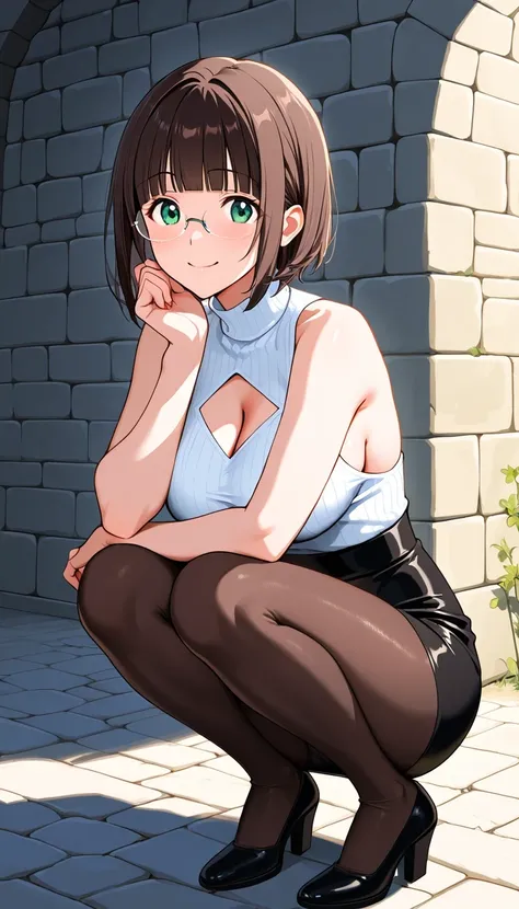 score_9, score_8_up, score_7_up, source_ANIME TOP QUALITY、8k、masterpiece、natural light、high accuracy、Completed、One woman、medium breasts、saggy breasts:1.5、 short hair, dark brown hair, blunt bangs, green eyes, rimless eyewear,( Happy Expression 、fun express...