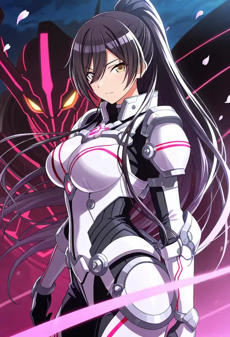 (masterpiece),(best quality),(ultra-detailed),(best illustration),(best shadow),(absurdres),(detailed background),(very aesthetic),Shirase Sakuya, anime screencap, very long hair, black hair, high ponytail, bangs, hair between eyes, yellow eyes, large brea...