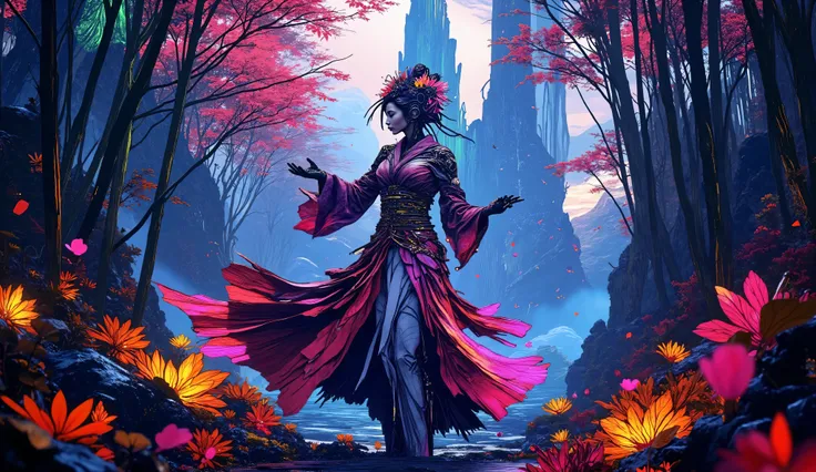 A cybernetic geisha with glowing circuitry dances gracefully through a bamboo forest on an alien planet. The forest is filled with strange, bioluminescent plants and towering, crystalline structures. Holographic cherry blossoms fall around her. Neon colors...