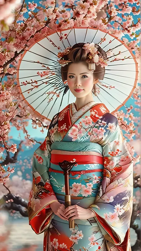 Full Body Map、Japanese formal attire、A woman wearing a beautiful kimono holding an umbrella、Super Detail、complicated、bright color、fantastic、Mysterious、 cinematic lighting 、soft focus、masterpiece、8K、high resolution、bright color、Photorealistic、Goddess of Che...