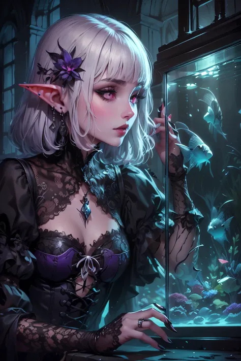 (Ultra-detailed face, Looking Away, Gothic Illustration, Dark Tone Colors. One thumb and four fingers.) , BREAK 
(A young female dark elf sorceress is in a very dark medieval Italian cathedral-style aquarium. A fantastic space. She peers curiously into the...