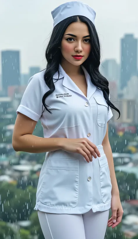 a beautiful woman, stands strapping the city as the rain drizzles, body and face facing the camera, nurse uniform of white color, leggings in white, big , red lips,