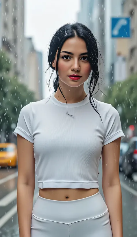 a beautiful woman, stands city during drizzling rain, body and face facing the camera, white color short sleeve slimfit shirt, leggings in white, big , red lips,