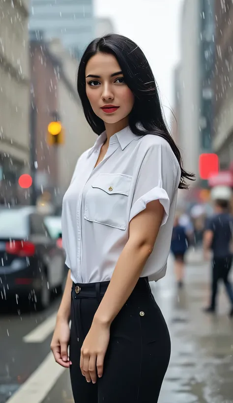 a beautiful woman, stands city during drizzling rain, body and face facing the camera, white short sleeve shirt, leggings in white, big , red lips,