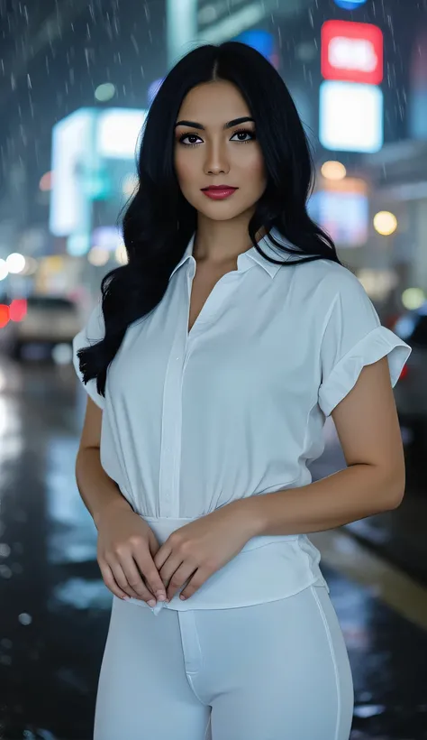 a beautiful woman, stands city during drizzling rain, body and face facing the camera, White Color Short Sleeve Tight Lformal Shirt, leggings in white, big , red lips,