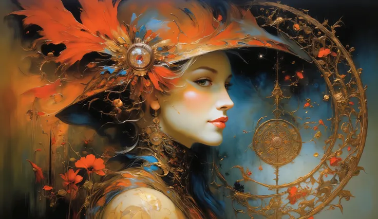 a painting of a woman wearing a red hat and red flowers, art deco shaman flower , art noveau painting, Mucha style 4K , style of Karol Bak, Portrait Art Nouveau, art nouveau beauty woman, hyperrealistic art nouveau , modern art nouveau, masculino, Amano an...