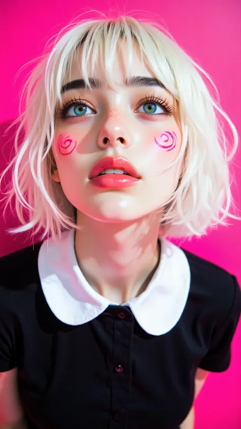 8k, Masterpiece, Top Quality, close-up, low angle, woman, pale white bob haircut with bangs, prominent luminous cyan eyes, pink spiral patterns on cheeks, looking upwards with a wide-eyed expression, wearing black dress with white Peter Pan collar, vibrant...