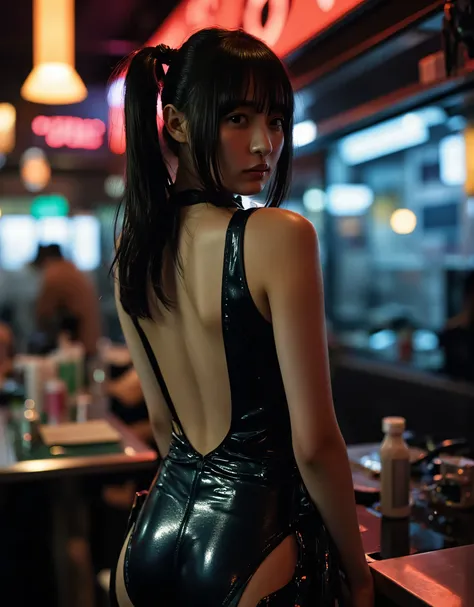 (((dark spaceship Nostromo with a billiard cue style sword:2.0))),(((HR Gigger-style cyberpunk atmosphere:2.0))),(((Bunny Girl:2.0))),(side view from the back:1.7),Side pose,((I turn around to look at the camera:2.0)),((Looking Back Over Her Shoulder:2.0))...