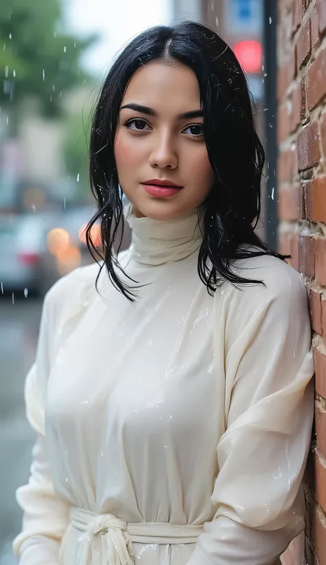 a beautiful woman, Sexy posing in the city during drizzling rain, body and face facing the camera, Muslim dress in satin material transparent white, big , red lips, shoulder-length hair, tubuh basah, wet clothes