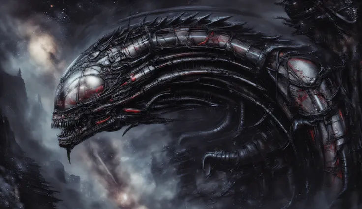 A creepy black segmented dragon combat robot, in whose head, in the fetal position, there is a white embryo from which hundreds of cables radiate. the embryo is in a closed capsule. There's a bloody liquid in the capsule. The dragon with the long neck is c...