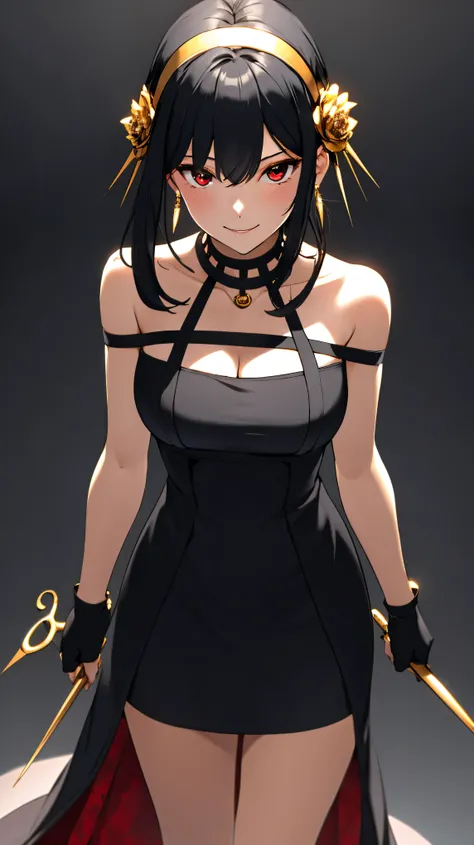 yor briar, anime style beutiful woman, 1girl, happy, smile, red face, closed mouth, beautiful detailed eyes, super detailed skin, backlighting, bare shoulders, black background, black dress, black gloves, black hair, breasts, dress, earrings, fingerless gl...