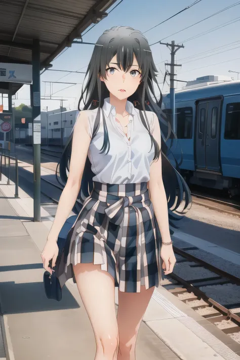 nice smilesの20歳の成人女性,Please draw long black hair,Big BreastsをさらにBig Breastsに描いて下さい,Big Breastsでもウエストが細い,nice smiles,Can you draw a woman looking at a train,draw a woman waiting in front of the car in front of you,東京の地下鉄ホームでwaiting for the train女性は描けますか, ,c...