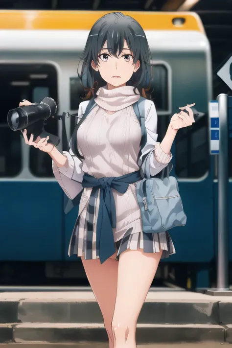nice smilesの20歳の成人女性，Please draw long black hair，Big BreastsをさらにBig Breastsに描いて下さい,Big Breastsでもウエストが細い，nice smiles，Can you draw a woman looking at a train，draw a woman waiting in front of the car in front of you，東京の地下鉄ホームでwaiting for the train女性は描けますか， ,c...