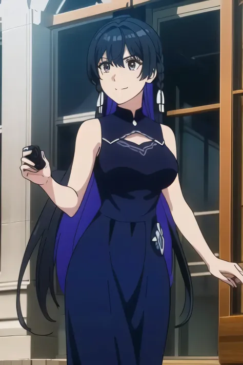 Can you draw a long dark blue dress，A woman with a lovely smile，Big Breastsでもウエストが細い，{{X}},draw her eXpression more delicately，walking alone，     city tour     ,，（（（She wears casual tourist style clothes）））， I have a SLR camera  ,（Let's draw a more delicat...