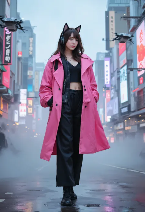 ((upper body:1.5)) 1girl stands in the center, she is a 22-year-old Japanese woman located in a misty futuristic city with tall skyscrapers and wide neon-lit roads, Tokyo in the year 2580.
She wears a pink futuristic coat paired with black high-waisted pan...