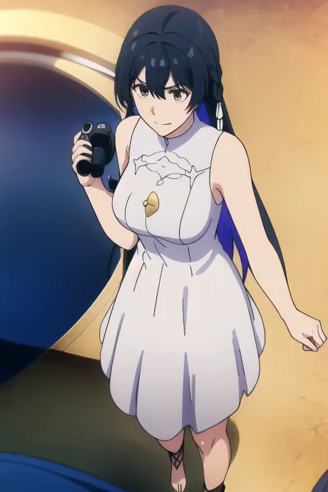 Can you draw a pure white long dress，A woman with a lovely smile，Big Breastsでもウエストが細い，{{X}},draw her eXpression more delicately，walking alone，     city tour     ,，（（（She wears casual tourist style clothes）））， I have a SLR camera  ,（Let's draw a more delica...