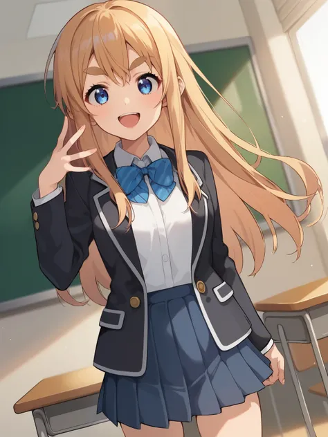 score_9, score_8_up, score_7_up, source_anime,，nsfw，
 tsumugikotobuki , 
Tsumugi Kotobuki, Young Girl，Petite，long hair, blue eyes,  Gold, Thick eyebrows, smile，doya face，
sakuragaoka high school uniform, school uniform, uniform, blazer, shirt, white shirt,...