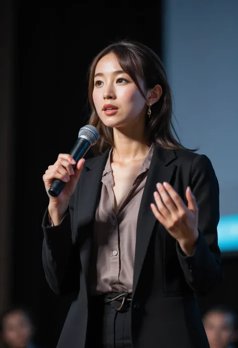 (Masterpiece, best quality, ultra photorealistic:1.4, 8K, UHD),
A confident young woman speaking into a microphone while giving a presentation on stage,
wearing a smart-casual outfit (blazer and blouse), expressive hand gestures, engaging facial expression...
