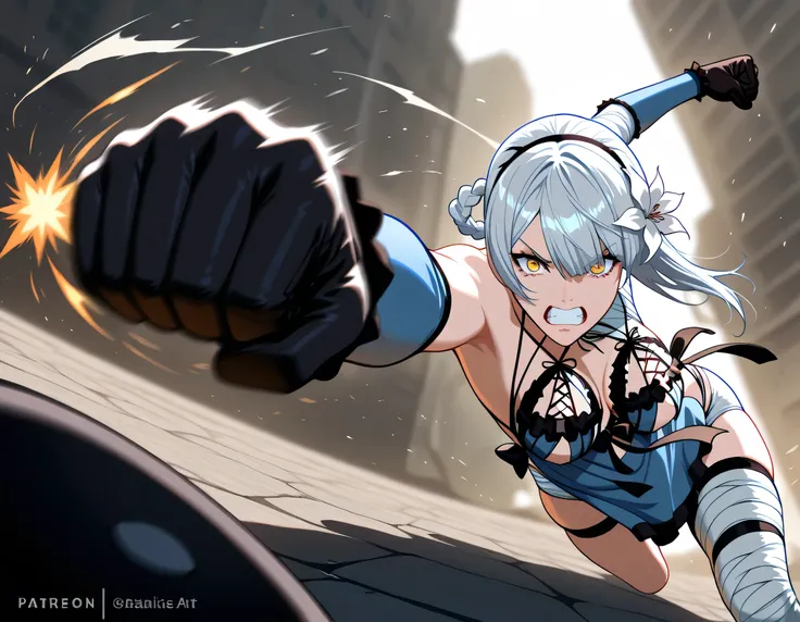 1girl, on the middle of the image, outside, kaine_(nier), balled fists, angry, punching a thief in the face, thief's head turned backwards, teeth flying from the thief's face, motion blur, action shot, dutch angle, dynamic pose, dynamic composition, blurry...