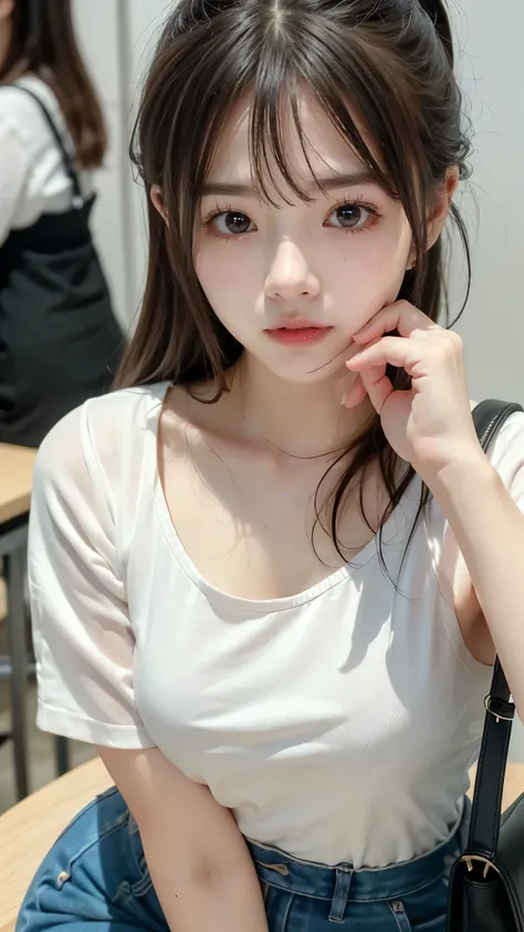 (Beautiful girl with accentuated breasts、Breast bag:1.2)、(round neck clothes)、slender body line、Tight waist、(beautiful small face、High nose、sexy lips:1.2)、ponytail、long side bangs、Highest Quality、8K、 RAW photos 、(detailed eyes and faces between desks:1.2、p...