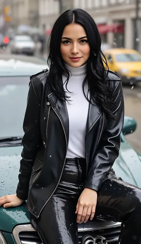 an office lady, sits on top of the car in the rain, front facing body, as wet body , using a black leather jacket with a white turtle neck t-shirt, using black latex trousers , underwearless, big and round , beautiful smile