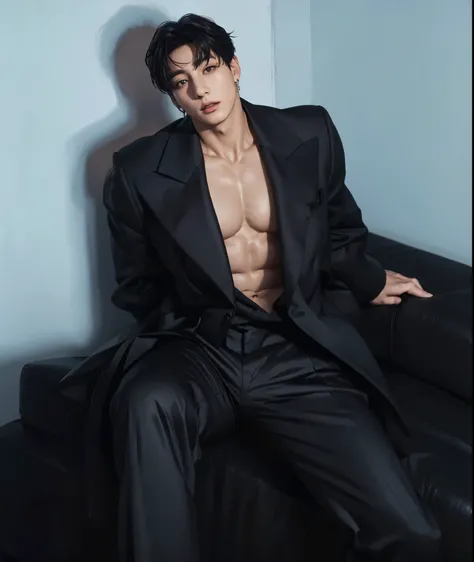 Jungkook, black cabello, full lips , muscular body , slanted eyes , Handsome man, body beutiful, face serius.