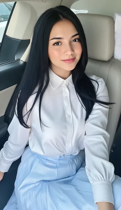 a female student , sitting on top of car, using white satin material school uniform, using a long to toe satin skirt in light blue color , beautiful smile , big and round , long hair black color