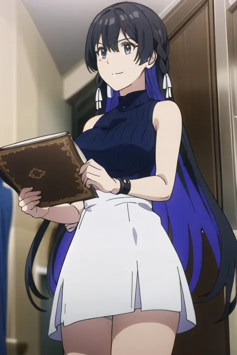 angle from below，long black panties visible，can you draw a dark blue long dress，  beautiful smiling woman  ，Big Breastsでもウエストが細い，{{X}},depicts her expression more delicately，walking alone，       city tour       ,，（（（She wears casual tourist style clothes））...