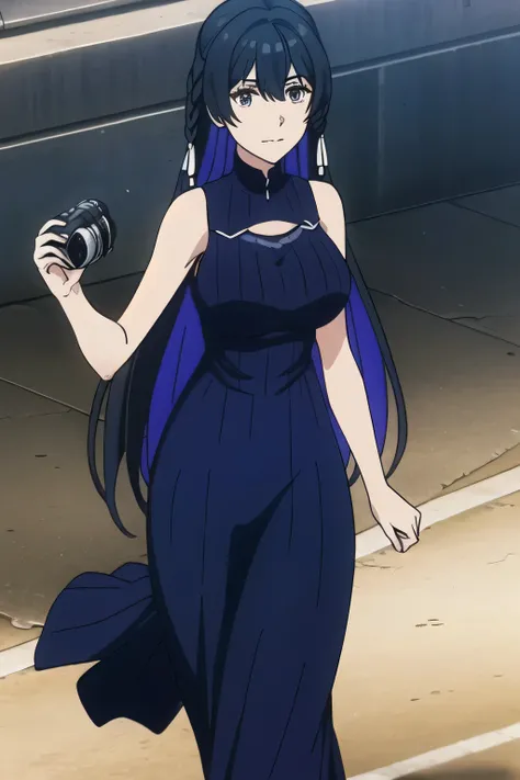 can you draw a dark blue long dress， beautiful smiling woman ，Big Breastsでもウエストが細い，{{X}},depicts her expression more delicately，walking alone，      city tour      ,，（（（She wears casual tourist-style clothes）））， I have a SLR camera  ,（Let's draw a more deli...