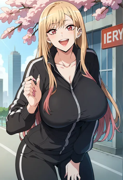 score_9, score_8_up, score_7_up, source_anime,
 KitagawaMarin,
1girl, adult female, solo, smile, upper teeth only,
multicolored hair, long hair, magenta eyes, lipstick, ear piercing, earrings, pink nails, makeup, Sexy, outdoors , track jacket , brown eyes ...