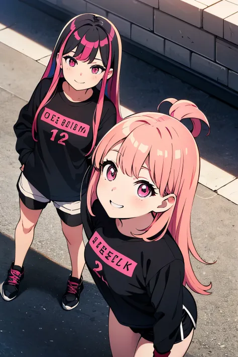   young girl, 12 anos,  long hair, loose and multicolored, black hair and pink hair, wearing a black long sleeve t-shirt and black shorts,   smiling discreetly. best quality, hd, obra-prima, detalhado, Seen from above