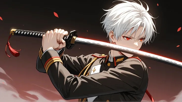 men white short hair red eyes military cloothes happy face  have katana
