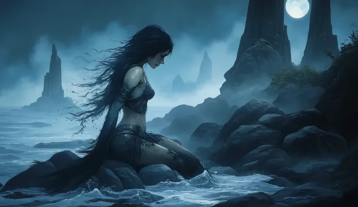 Beautiful female selkie shedding her seal skin on a moonlit Scottish rocky shore, half-transformed between seal and human form, long flowing wet dark hair, pale luminous skin, wistful gaze toward the sea, misty coastal environment, ancient standing stones ...
