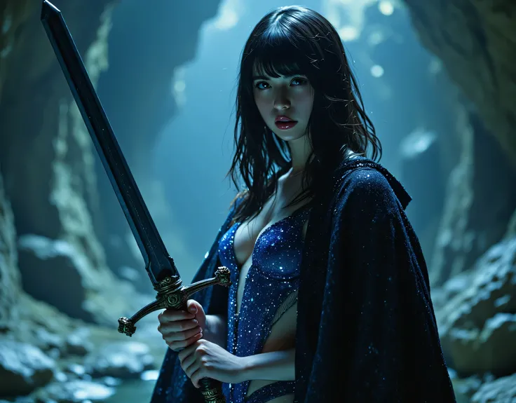 ((Caves filled with sparkling crystals:2.0))),(((Dark Fantasy Vibes:2.0))),(((Holding a sword made of ore:2.0))),standing,((full body:2.0)),One woman,(cute face),(Beautiful well-balanced face ),((long hair with bangs:2.0)),(Wavy Black Hair:1.5),(beautiful ...