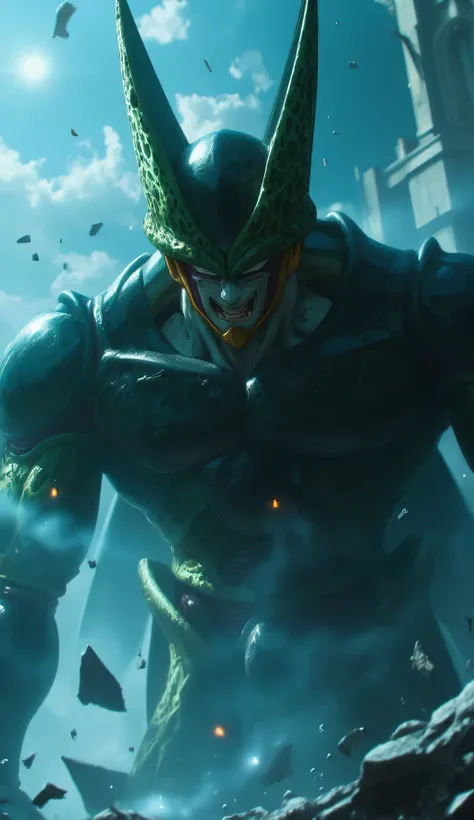 Extreme full body shot, eerie horror-inspired angle – Cell’s Perfect Form slowly emerges from the darkness, his bio-armored exoskeleton glistening under the dim, flickering blue-green backlight. His piercing, luminescent green eyes cut through the shadows,...