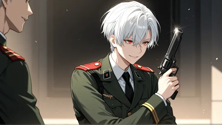 men white short hair red eyes military cloothes happy face have pistol