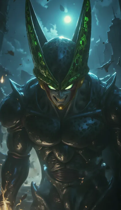 Extreme full body shot, eerie horror-inspired angle – Cell’s Perfect Form slowly emerges from the darkness, his bio-armored exoskeleton glistening under the dim, flickering blue-green backlight. His piercing, luminescent green eyes cut through the shadows,...