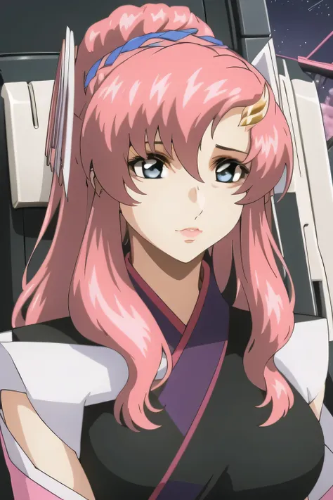 I'm sitting face up in the cockpit,Black uniform like a kimono, I'm wearing a black and pink uniform ,micro mini skirt,Faces are important,,your smile is amazing,Pink hair roots,nice smiles,,, ,,fun,Spaceship bridge,{{X}},Please describe her look in more ...
