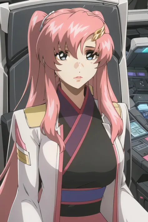 I'm sitting face up in the cockpit,Black uniform like a kimono, I'm wearing a black and pink uniform ,micro mini skirt,Faces are important,,your smile is amazing,Pink hair roots,nice smiles,,, ,,fun,Spaceship bridge,{{X}},Please describe her look in more ...