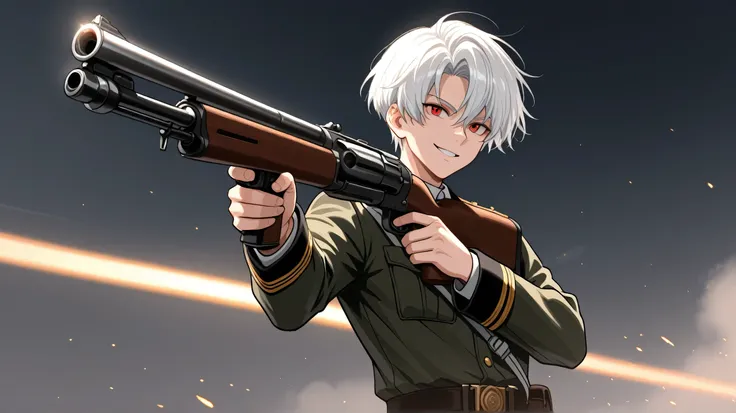 men white short hair red eyes military cloothes happy face have riflegun